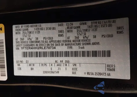 2024 Ford Ranger Xlt z USA, uszkodzony, nr VIN 1FTER4HH2RLE70734